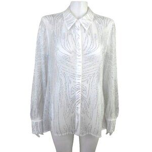 Akira Lottie White Embellished Sheer Chiffon Blouse Button Up Long Sleeve